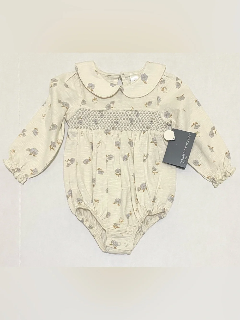 Modern Moments 12M Smocked Cotton Cream Blue Floral Bubble Romper Boho Fall